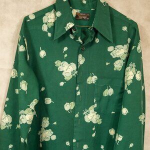 VINTAGE JC Penny Towncraft Penn Prest Green With Cream Flowers Shirt 16.5x34